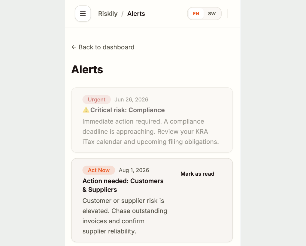 Riskily Africa alerts screen